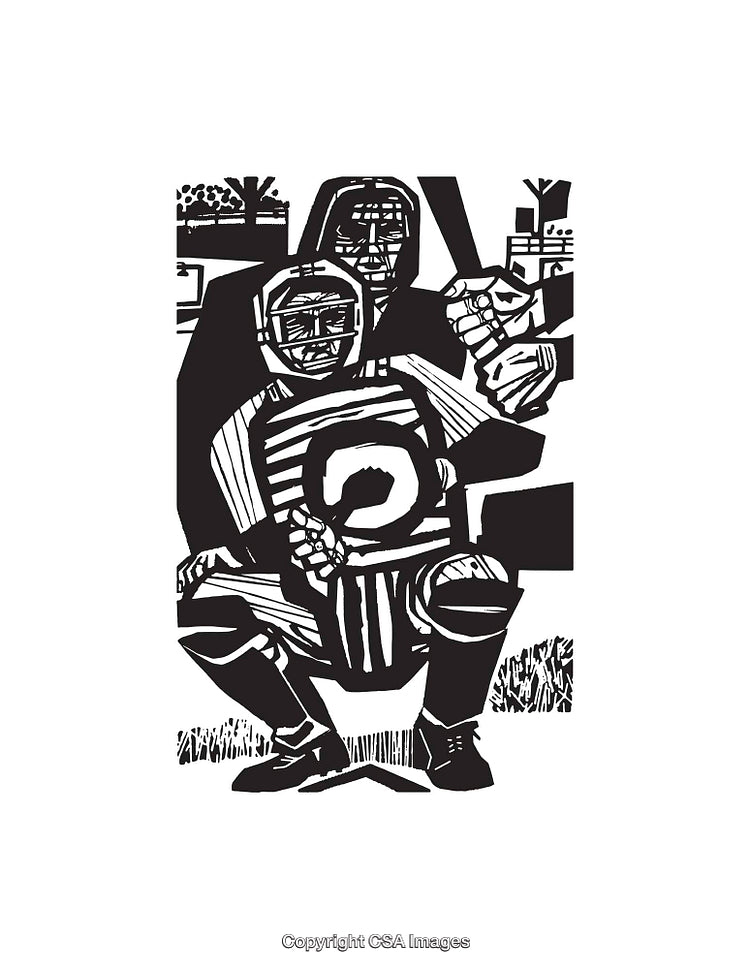 Black and White Line Art Illustration of Baseball Players During a Game