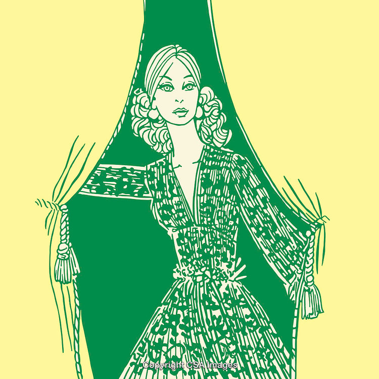 Elegant Woman Holding Curtains in Stylish Line Art Illustration