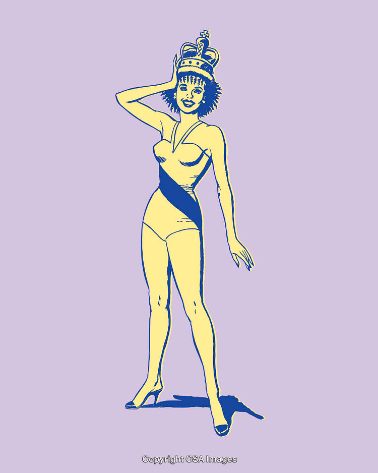 Retro Styled Crowned Figure Illustrating Empowerment and Glamour in Line Art