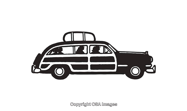 Vintage Silhouette of a Car with Luggage on Top and Passengers