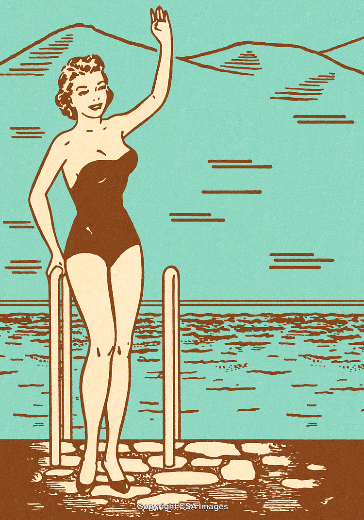 Vintage Illustration of a Woman in Swimsuit by the Waterfront