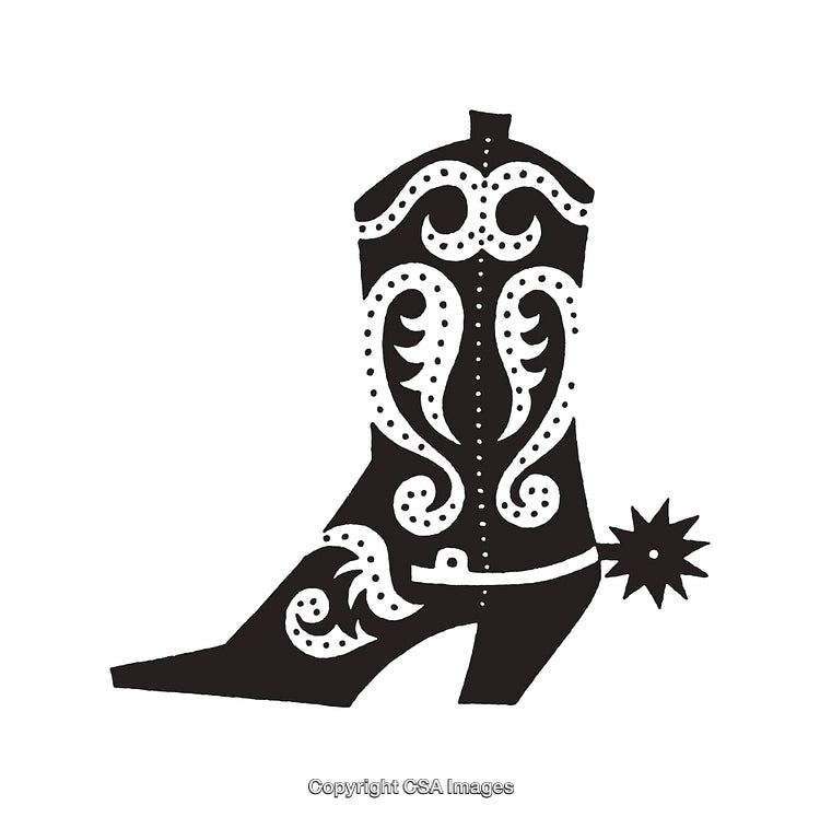 Elegant Western Boot Illustration Featuring Ornate Patterns and Spurs