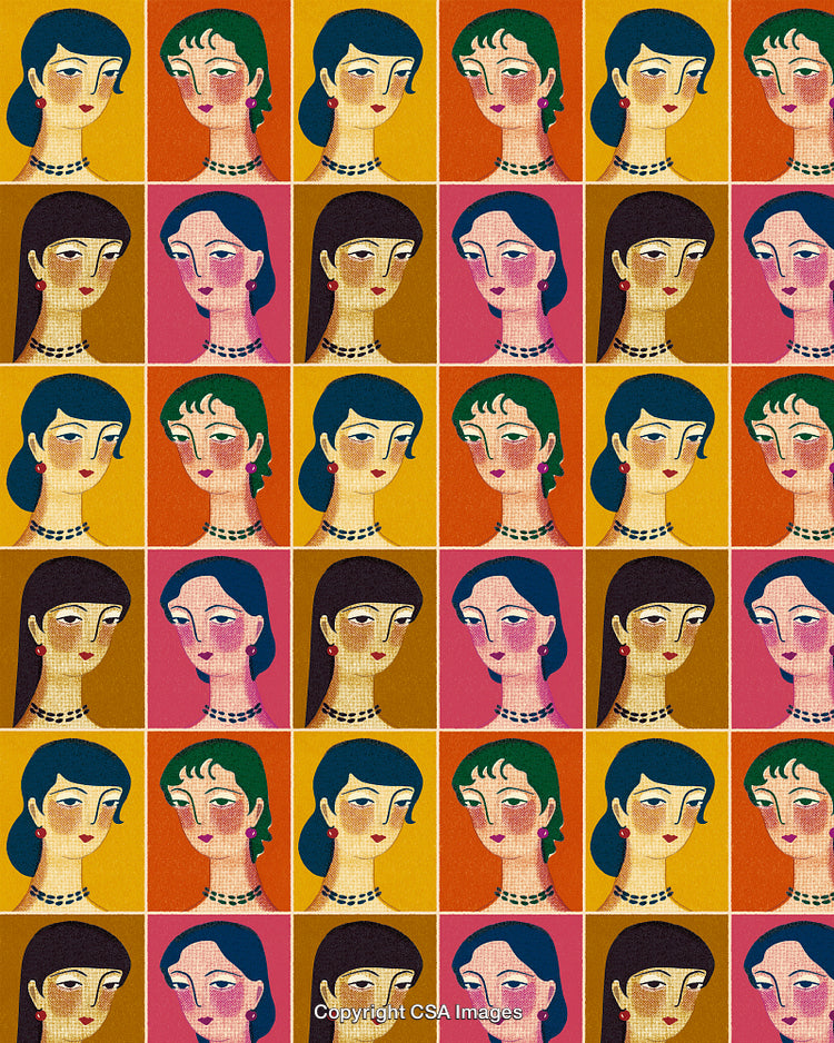 Colorful Modern Art Collage of Stylized Portraits on a Geometric Background