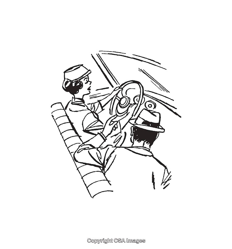 Vintage Line Art Illustration of Driver and Passenger in a Vehicle
