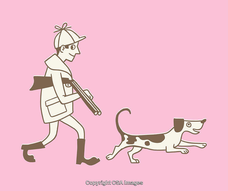 Hunter Walking with Dog in Colorful Line Art Illustration Style