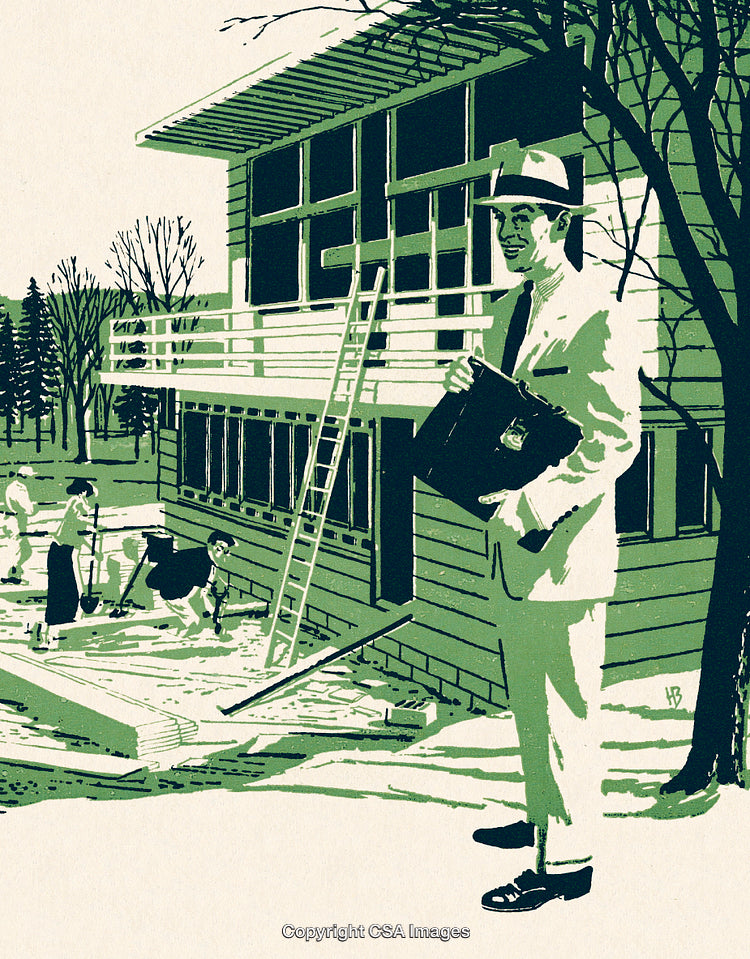 Architect Supervising Construction of Modern Building With Workers Outside