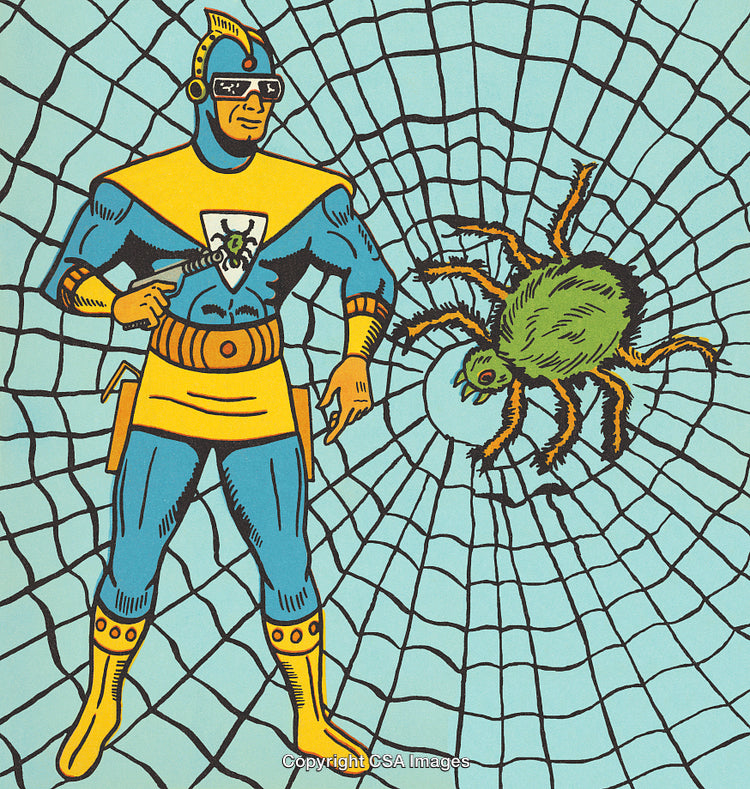 Comic Style Illustration of Superhero Confronting a Giant Web Spider
