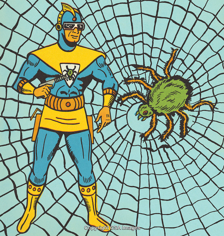 Comic Style Illustration of Superhero Confronting a Giant Web Spider