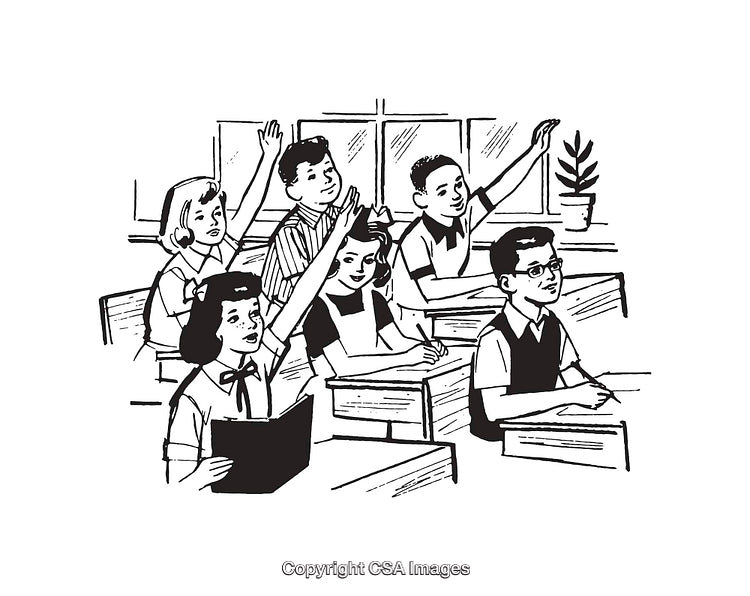 Black and White Illustration of Students Participating in a Classroom
