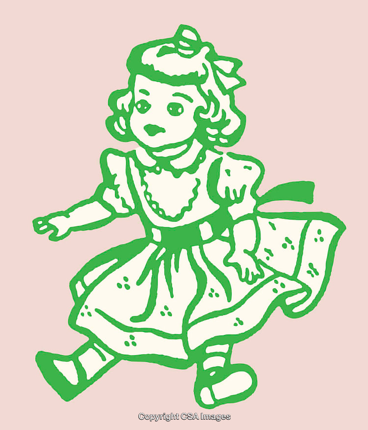 Vintage Green Line Art Illustration of a Girl in a Dress