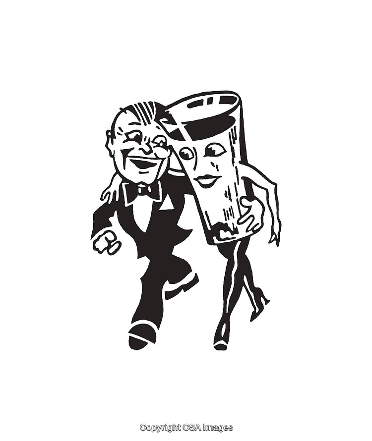 Black And White Line Art of a Man and a Walking Drink Glass