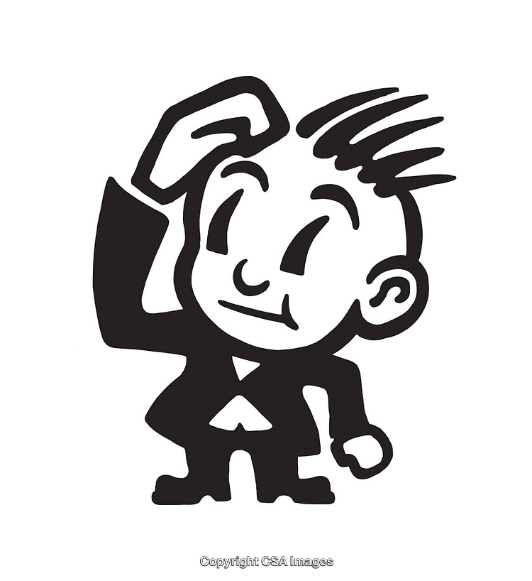 Black and White Line Art of a Confused Cartoon Character Scratching Head