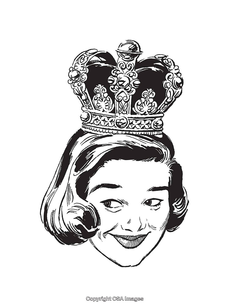 Vintage Black and White Illustration of a Woman's Face with a Crown