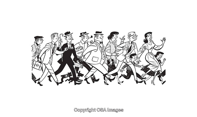 Black and White Line Art Illustration of Group of Diverse Walking People