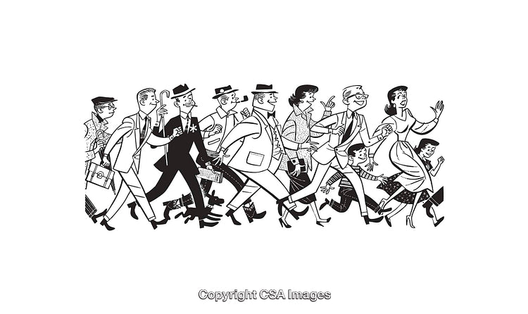 Black and White Line Art Illustration of Group of Diverse Walking People