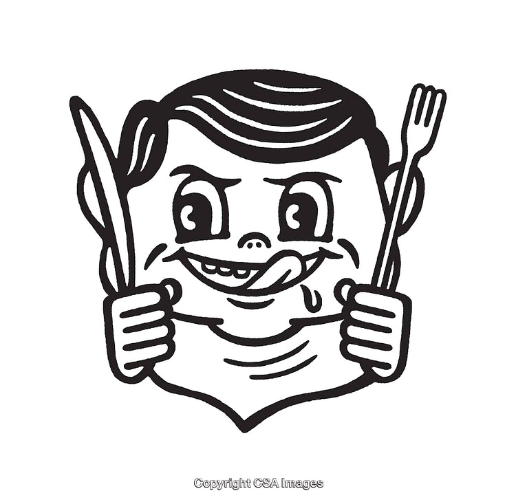 Playful Retro-Style Line Art Illustration of Hungry Character With Utensils