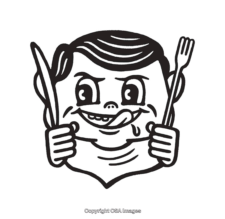 Playful Retro-Style Line Art Illustration of Hungry Character With Utensils