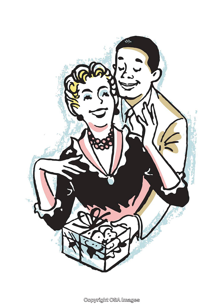 Retro Style Color Illustration of a Couple Sharing a Gift