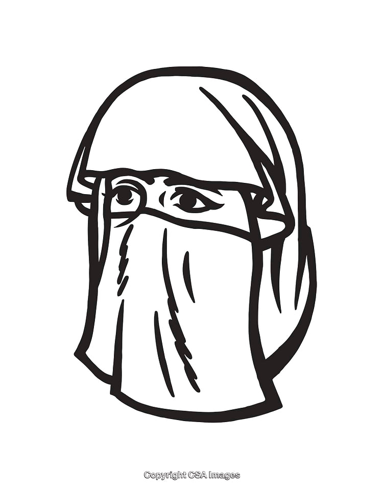 Black And White Line Art Illustration of Covered Woman with Expressive Eyes