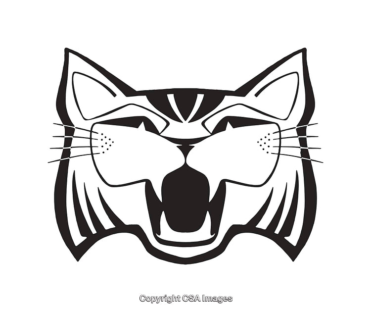 Black and White Artistic Line Art Illustration of a Roaring Cat Face