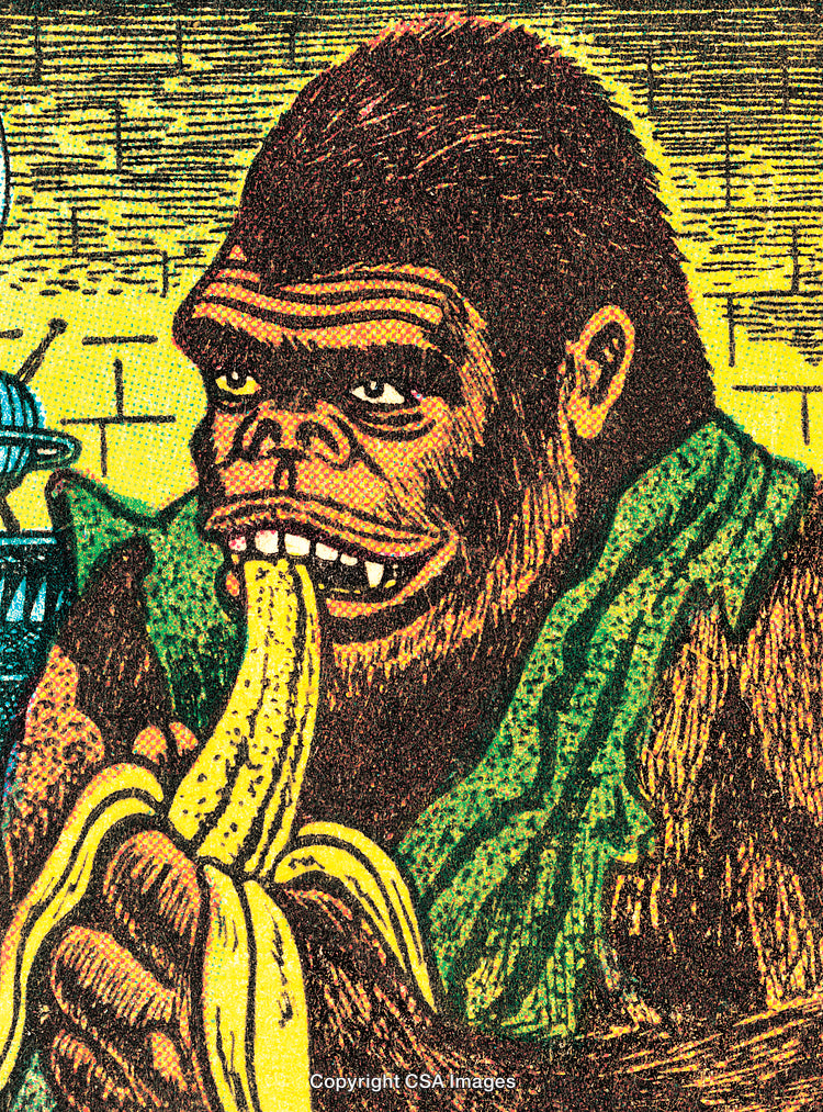 Retro Comic Illustration of Ape Eating Banana in Vintage Pop Art Style