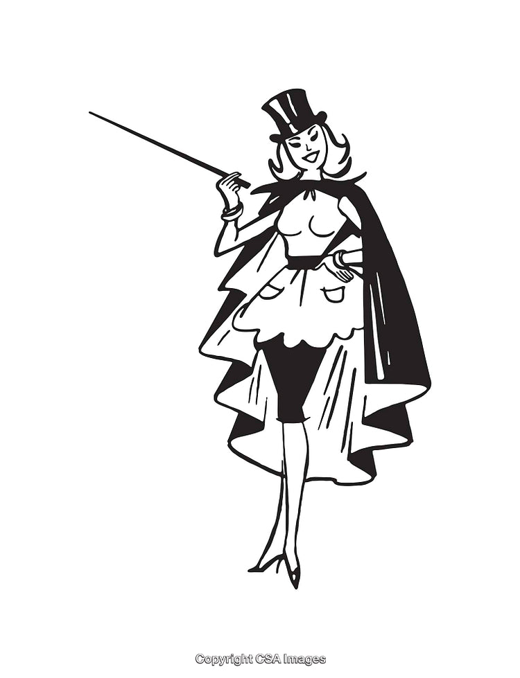 Elegant Line Art Depiction of a Woman in Magician Costume with Cape
