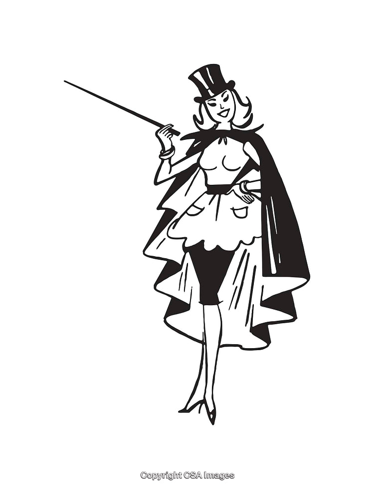 Elegant Line Art Depiction of a Woman in Magician Costume with Cape