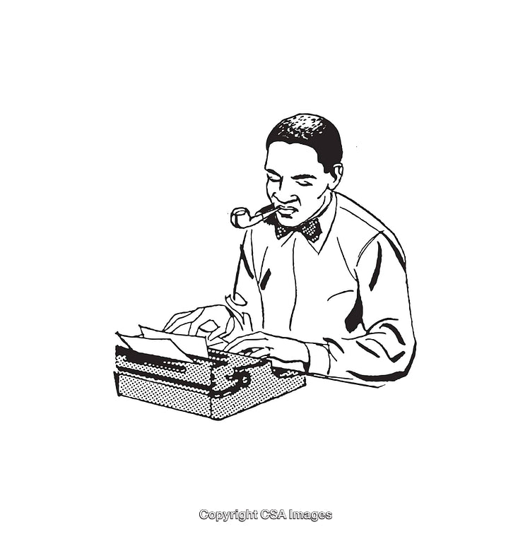 Black and White Illustration of a Man Typing on a Typewriter