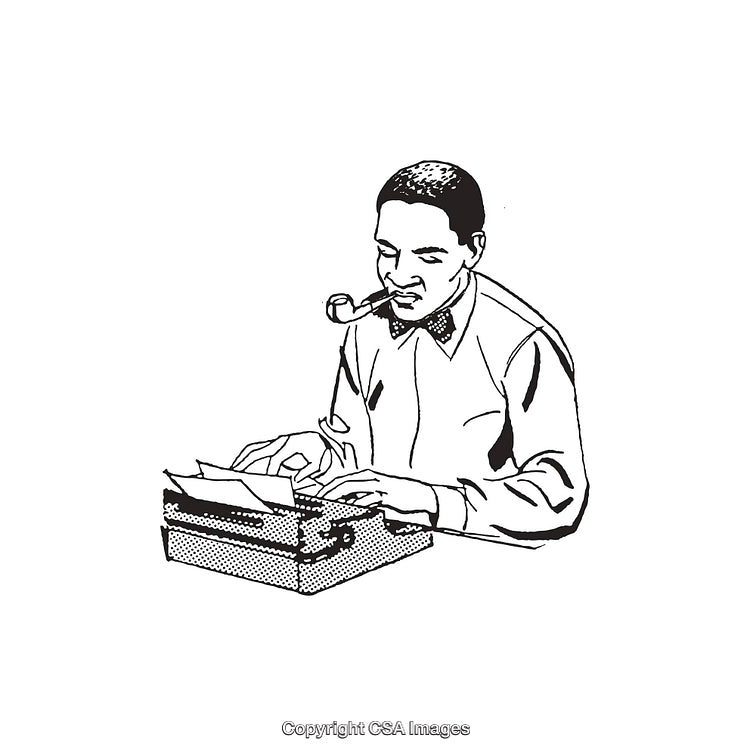 Black and White Illustration of a Man Typing on a Typewriter