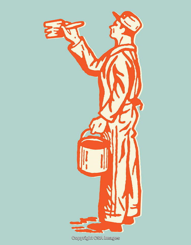 Vintage Line Art of a Painter Holding Brush and Bucket