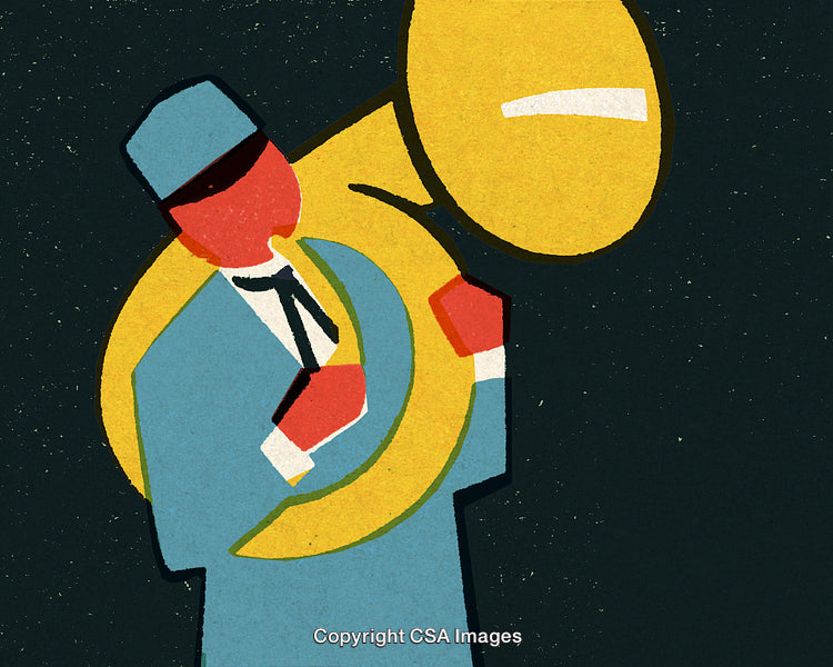 Colorful Illustration of a Musician Playing a Brass Tuba on a Dark Background