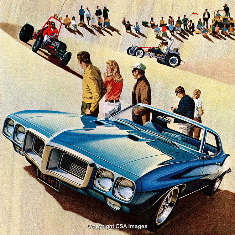 Classic Car Enthusiasts Enjoying a Vibrant Beach Dune Scene with Vintage Vehicles