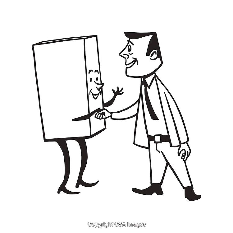 Businessman Shaking Hands with a Box Character in Black and White Line Art