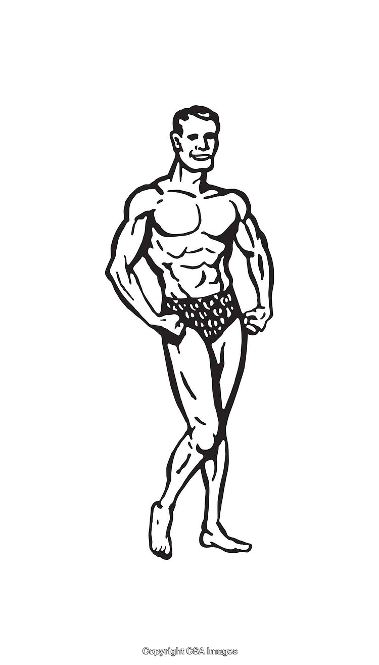 Black and White Line Art of a Smiling Bodybuilder Drawing