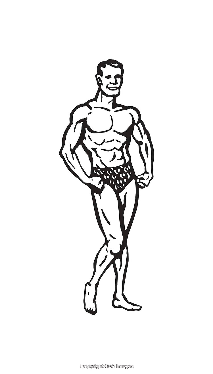 Black and White Line Art of a Smiling Bodybuilder Drawing