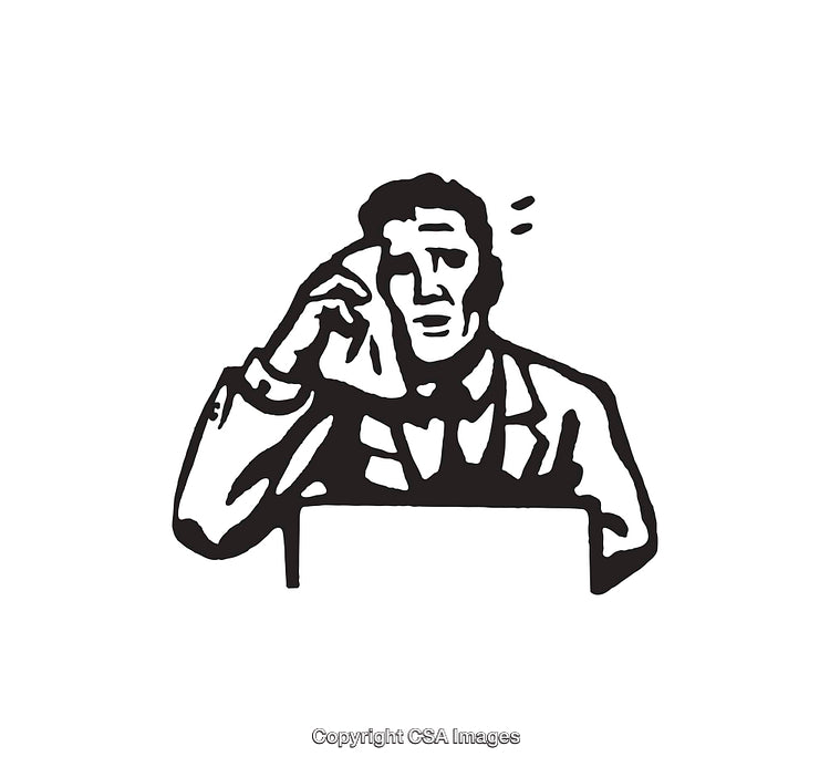 Black and White Illustration of a Stressed Businessman Wiping His Forehead