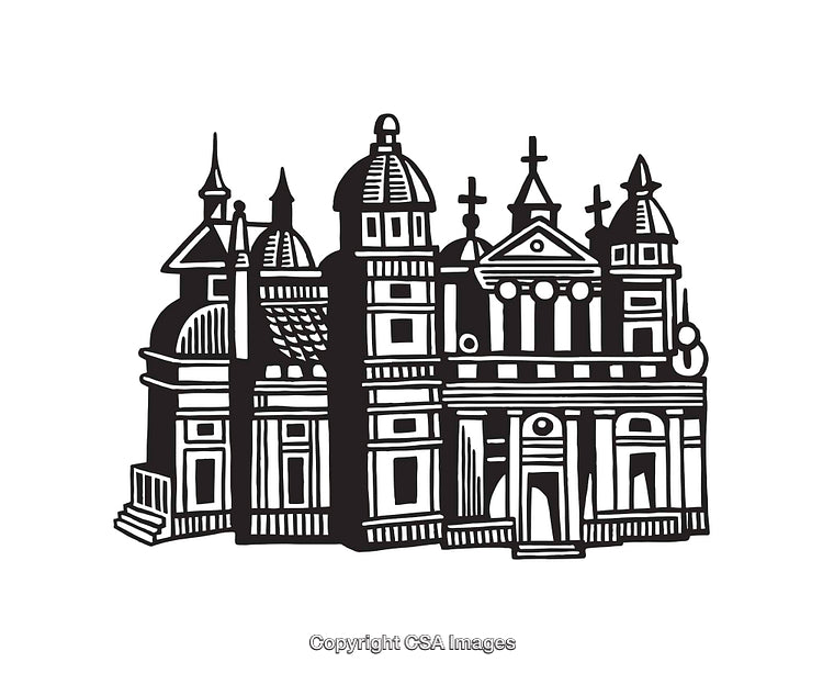 Detailed Black and White Line Art of Historic Architectural Building