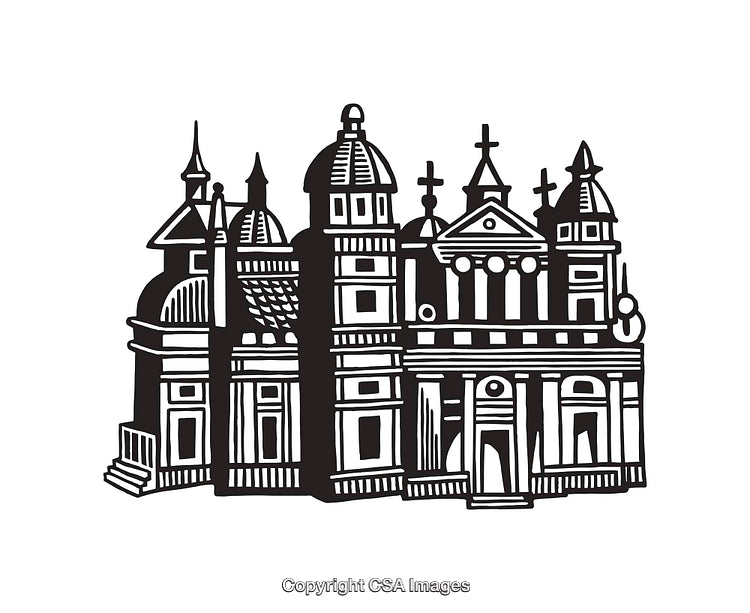 Detailed Black and White Line Art of Historic Architectural Building