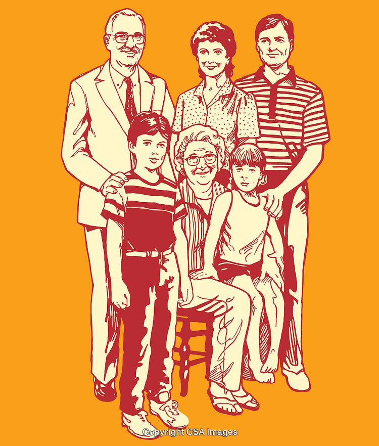 Illustrated Portrait of a Family Group with Warm Tones