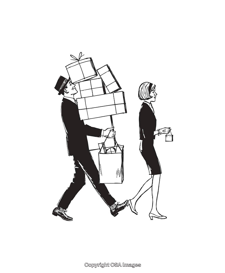 Man Carrying Multiple Gifts Following Woman in Black and White Illustration