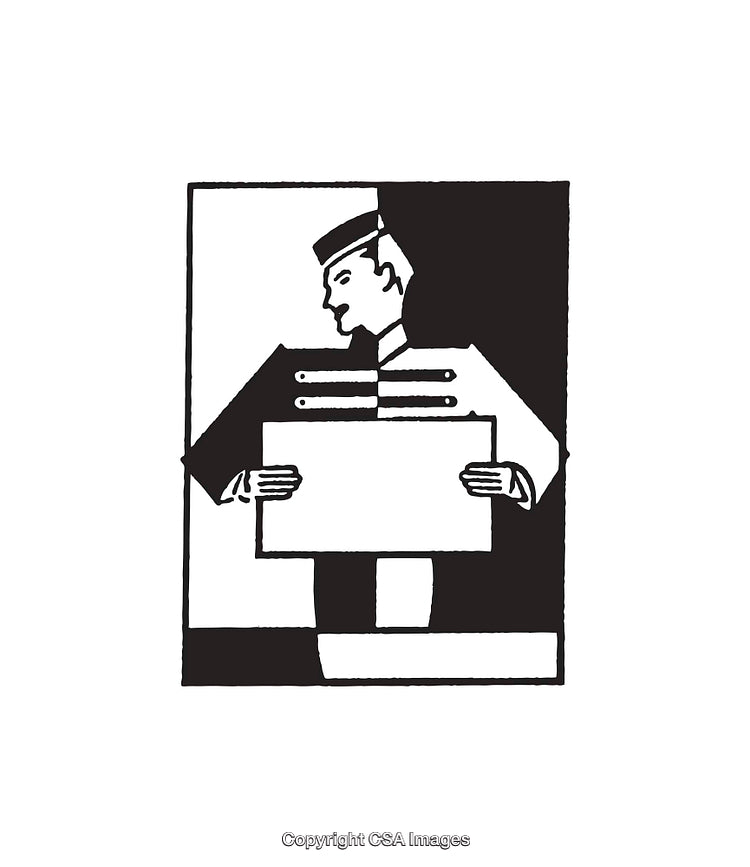Elegant Black and White Line Art of a Doorman Figure Holding a Placard