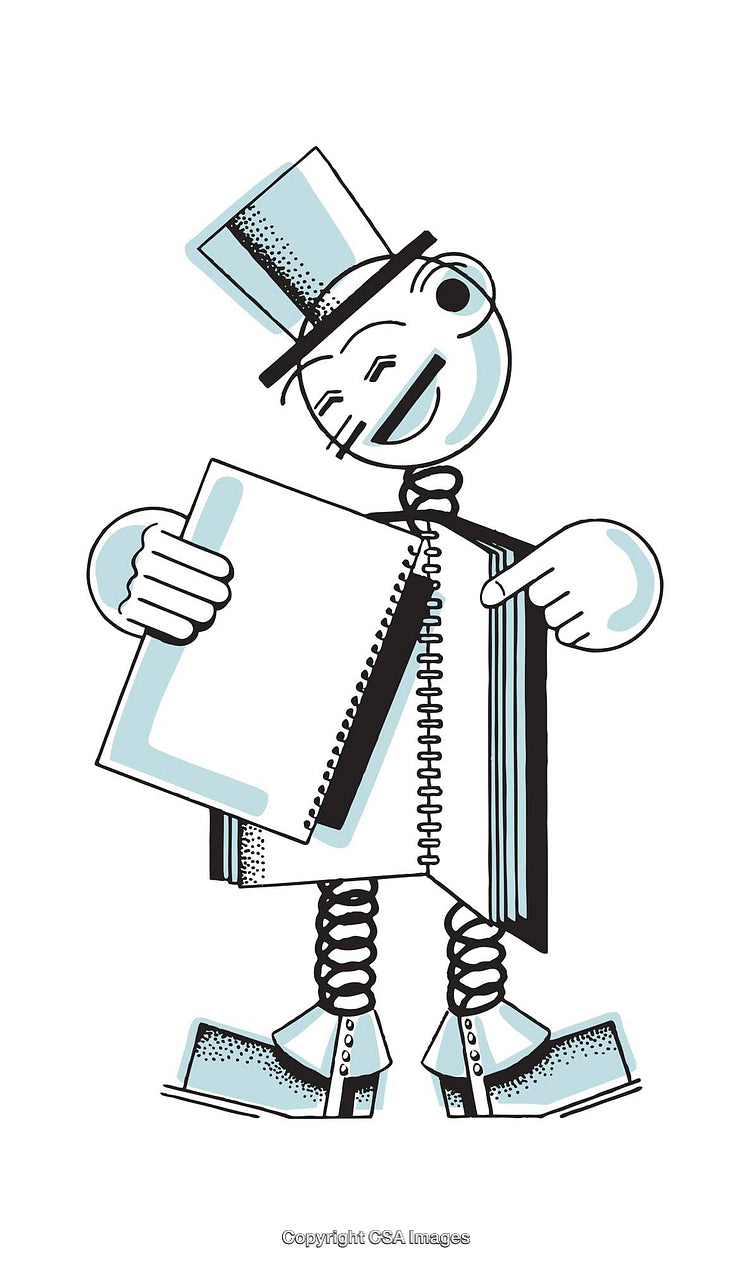 Charming Retro Cartoon Character Holding Notebook in Snappy Illustrative Style