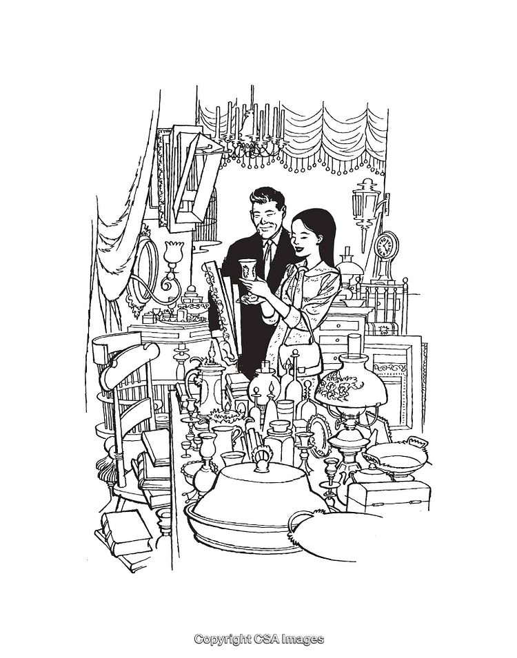 Charming Antique Store Shopping Scene in Black and White Line Art