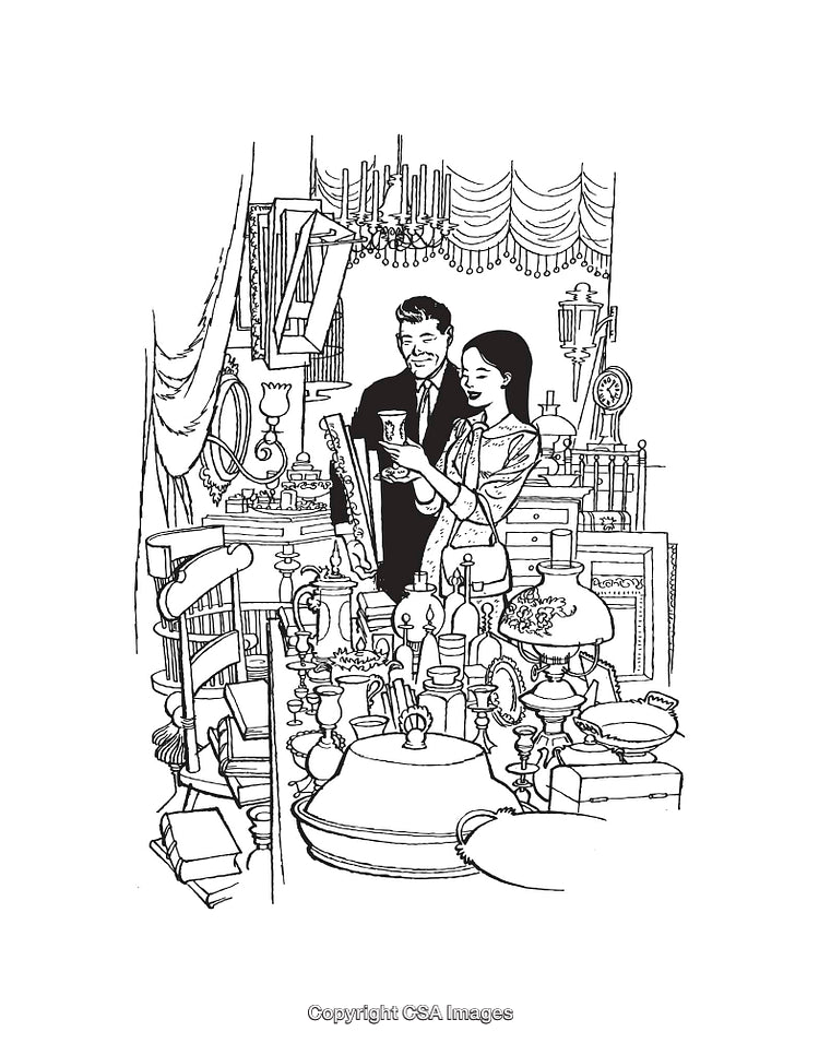 Charming Antique Store Shopping Scene in Black and White Line Art