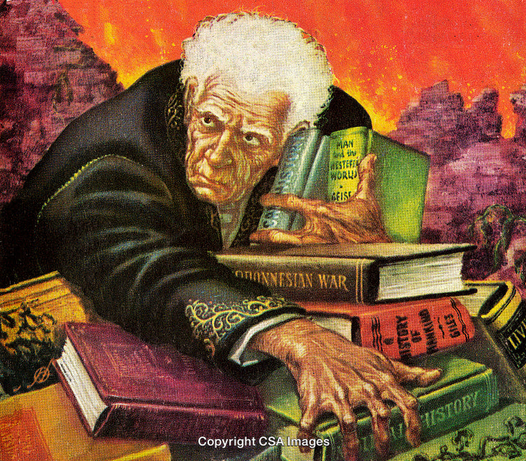Elderly Man Protecting Books With Desperate Expression in Dramatic Setting