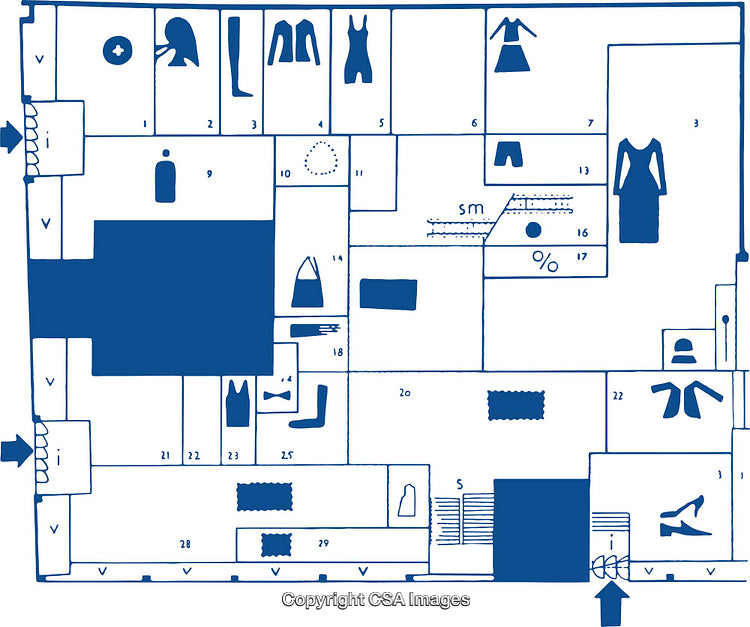 Blueprint Style Map Depicting Store Layout with Icons