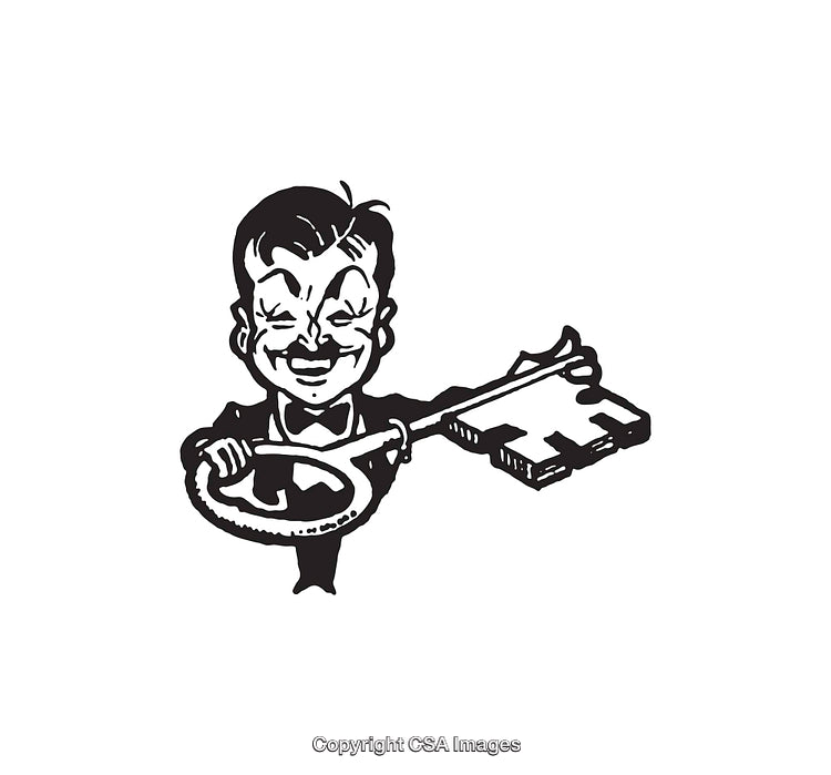 Vintage Styled Line Art of Smiling Man Holding a Giant Key