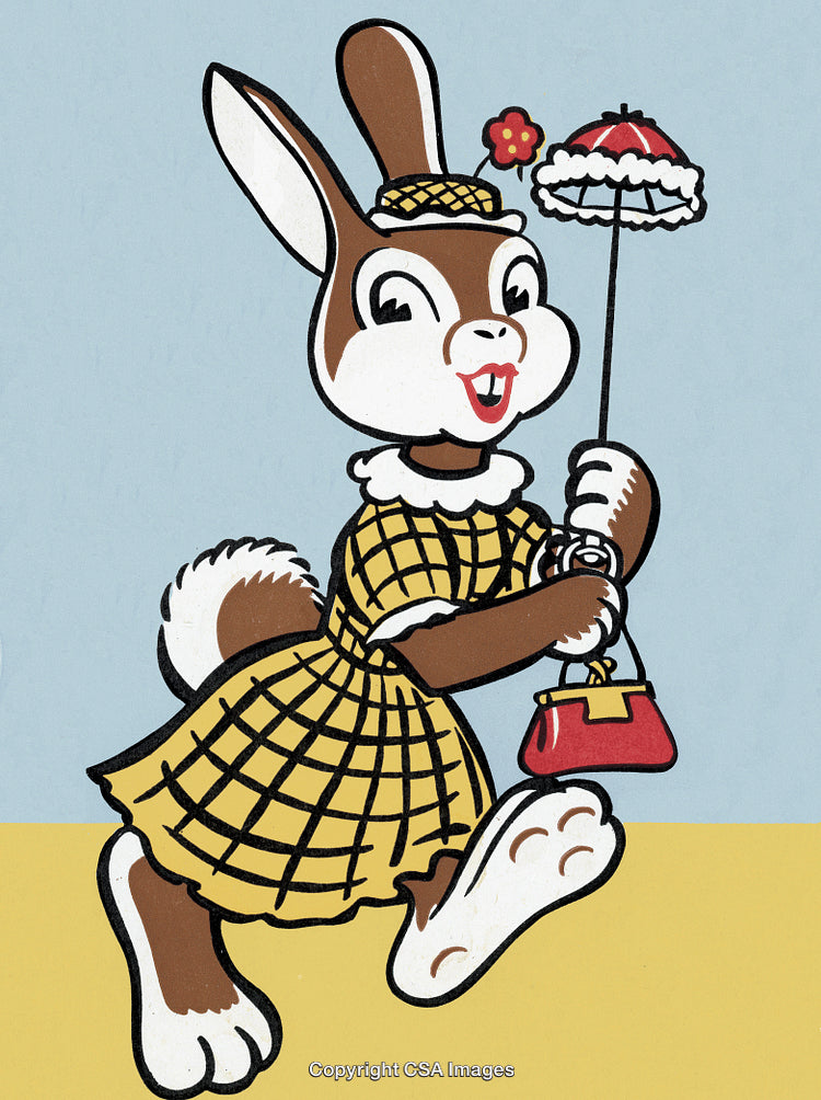 Illustrated Cartoon Rabbit in Stylish Outfit Holding an Umbrella and Purse