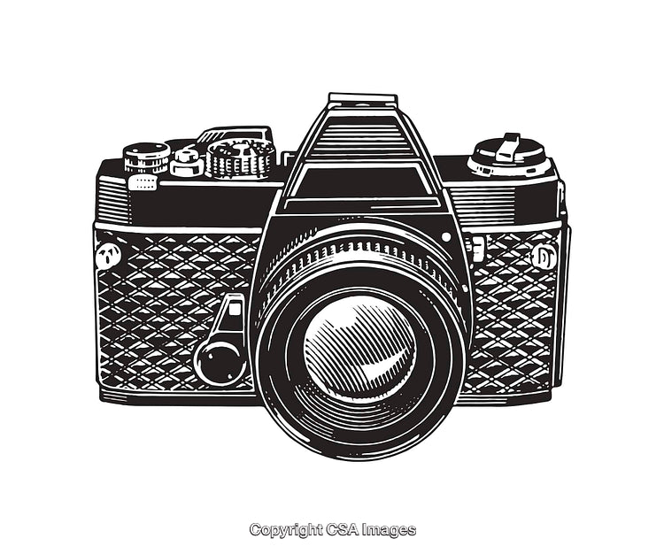 Black and White Line Art Illustration of a Vintage Camera