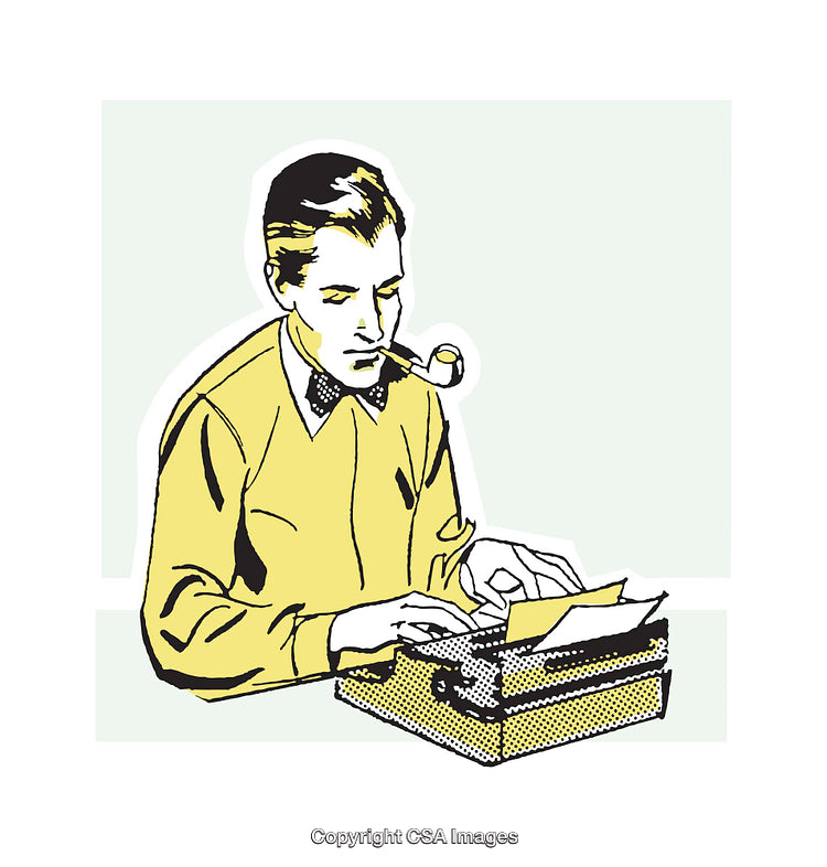 Retro Illustration of a Writer Working at Typewriter with Pipe